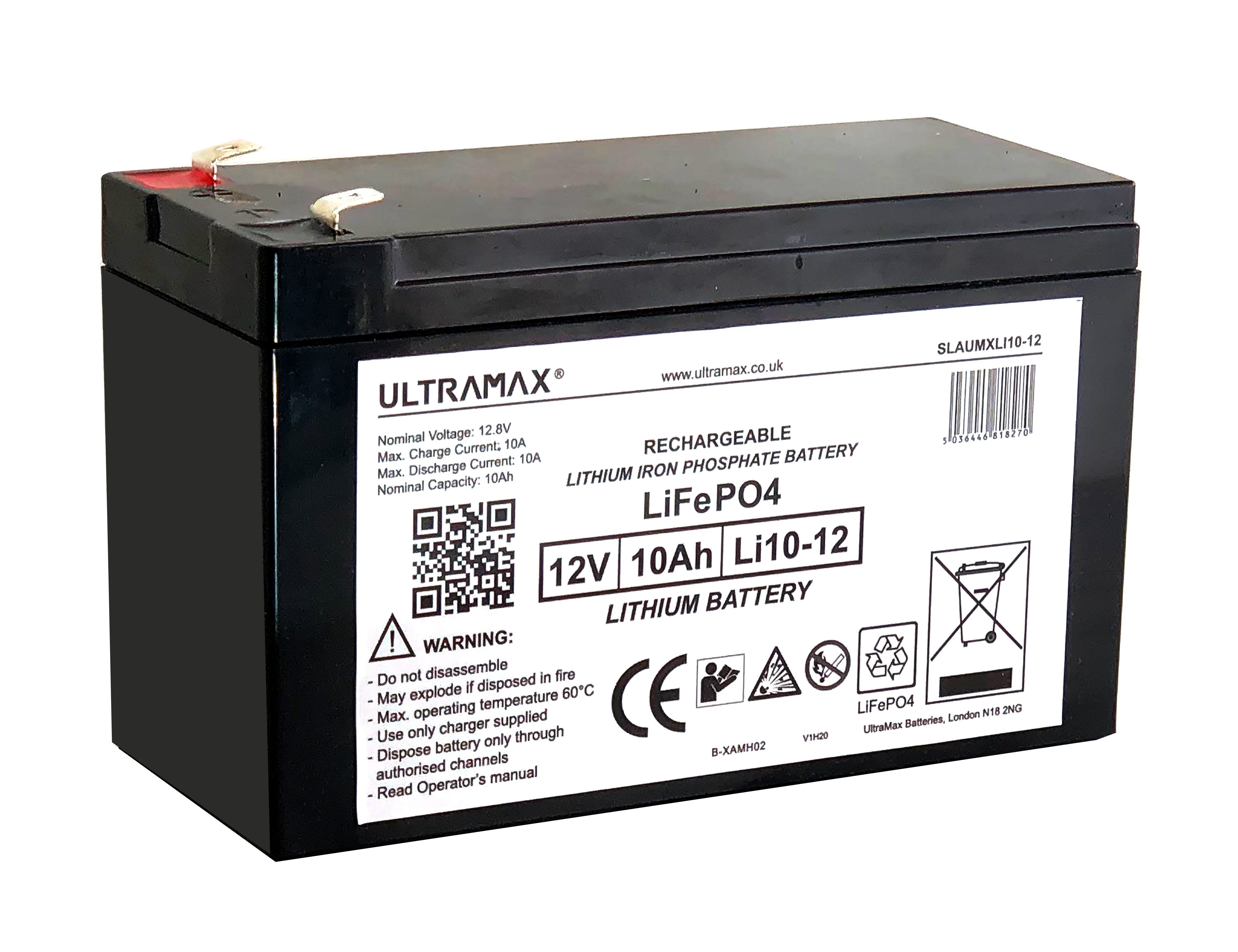 Ultramax 12v 10Ah Lithium Iron Phosphate (LiFePO4) Battery, Charger Included